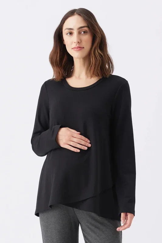 Double-layered long-sleeved maternity and nursing shirt, black