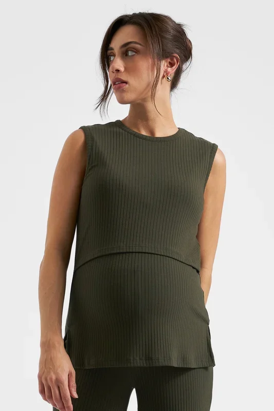 Double-layered Ribb maternity and nursing top, khaki