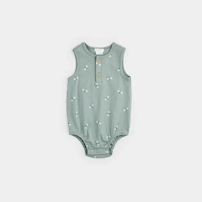 Dragonflies Print on Ribbed Silver Blue Bodysuit Romper