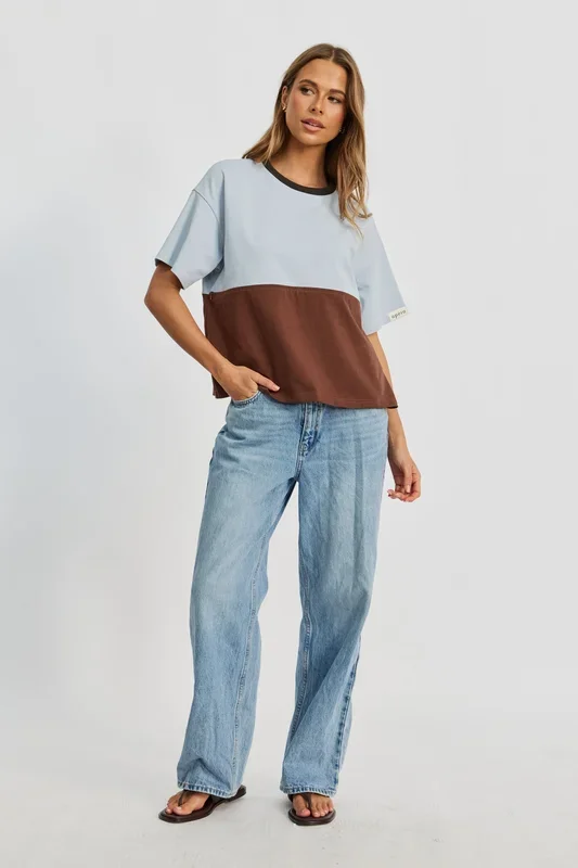 Duo Drop-Shoulder Panel Tee – Brown / Baby Blue
