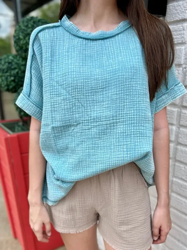 Dusty Teal Acid Washed Gauze Top