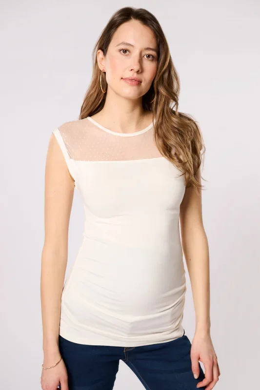 Eco Viskose Umstandstop mit Plumetis Spitze off-white