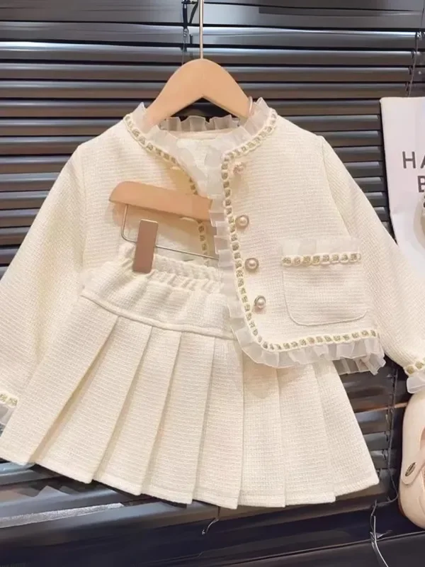 Elegant Pearl Button Jacket & Pleated Skirt Set
