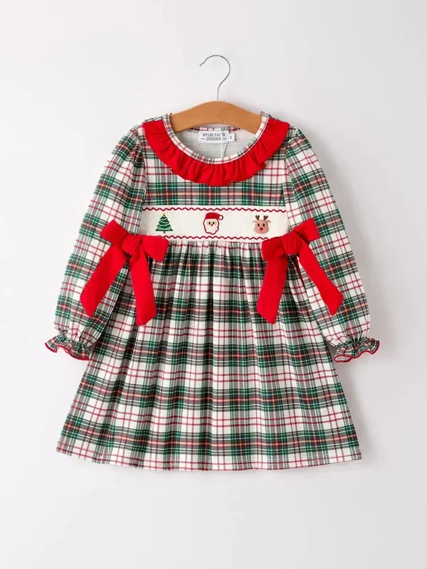 Embroidered Dress | Santa Bow Plaid
