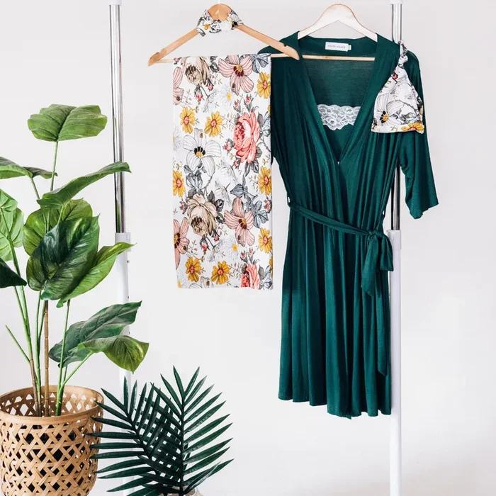 Emerald Green Maternity Delivery Gown & Vintage Floral Swaddle