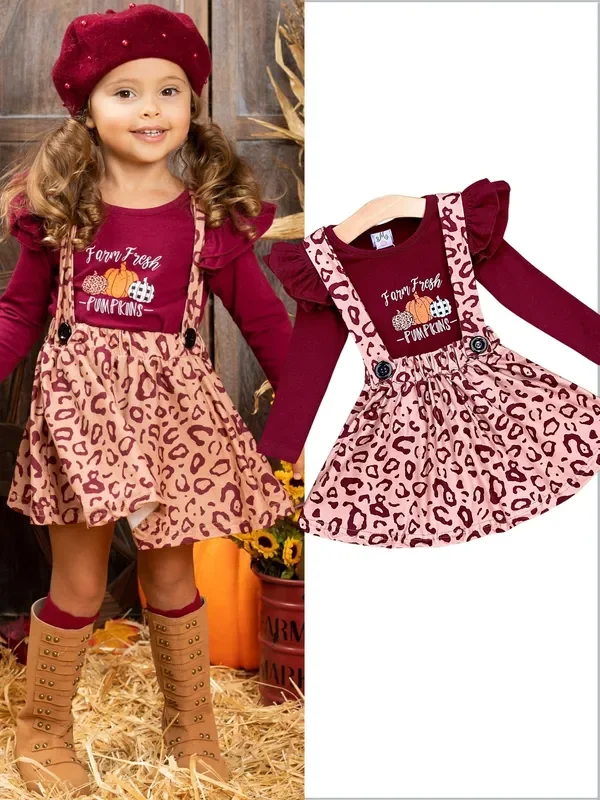 Farm Fresh Pumpkins Ruffled Top And Leopard Pinafore Skirt Set