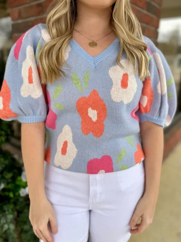 Feeling Retro Floral Pattern Puff Sleeve Sweater Top