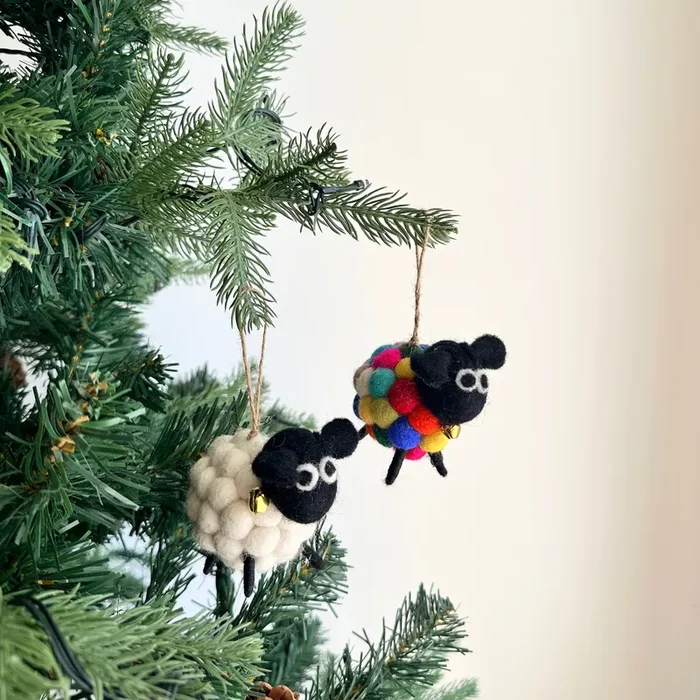 Felt Christmas Ornaments Set Of 2 – Mini Pompom Sheep