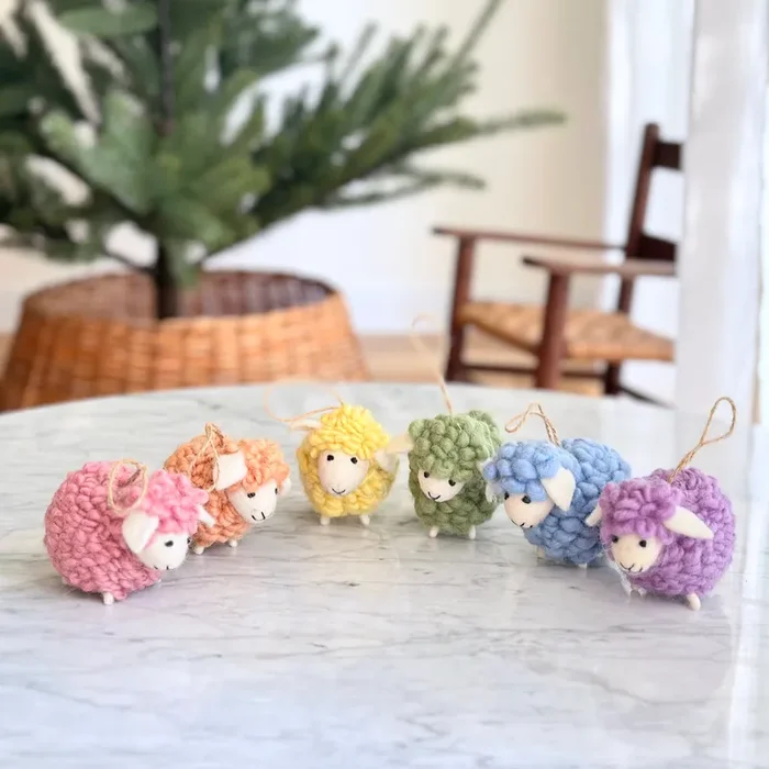Felt Fluffy Sheep Ornament Set Of 6 – Pastel Tone