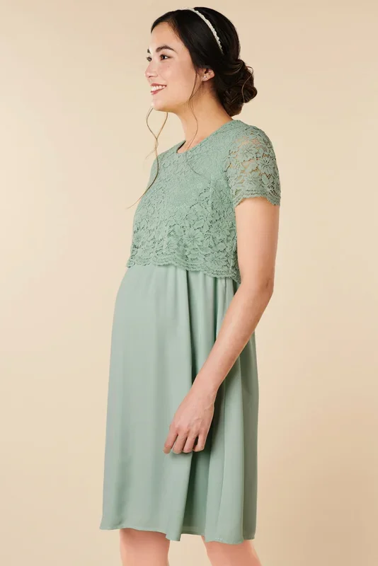 Festive maternity and nursing dress with lace, mint
