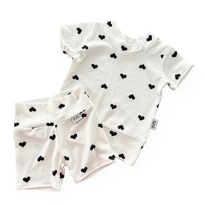 Flipped Black Hearts On White Ribbed Biker Shorts Lounge Set
