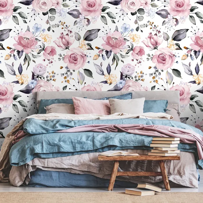 Floral Wallpaper Featuring A Watercolor Bouquet In Pink, Blue, And Grey – A317