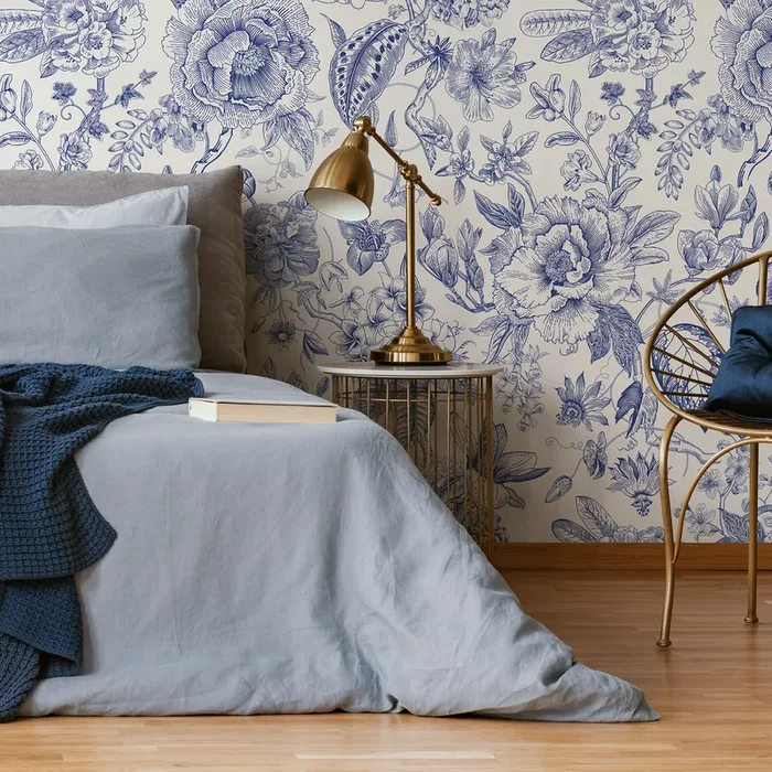 Floral Wallpaper With A Vintage Toile Motif In Blue And Cream – C359