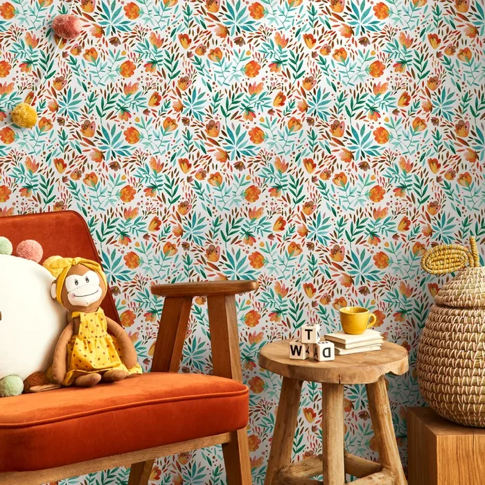 Floral Wallpaper With A Watercolor Botanical Motif In Orange, Teal, And Green – C311