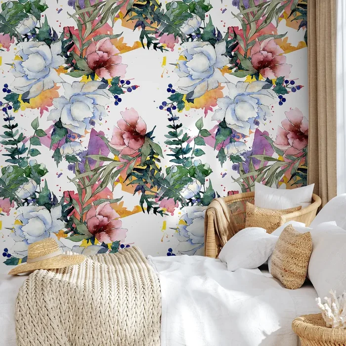 Floral Wallpaper With A Watercolor Peony Bouquet In Pink, Blue, And Green – B110