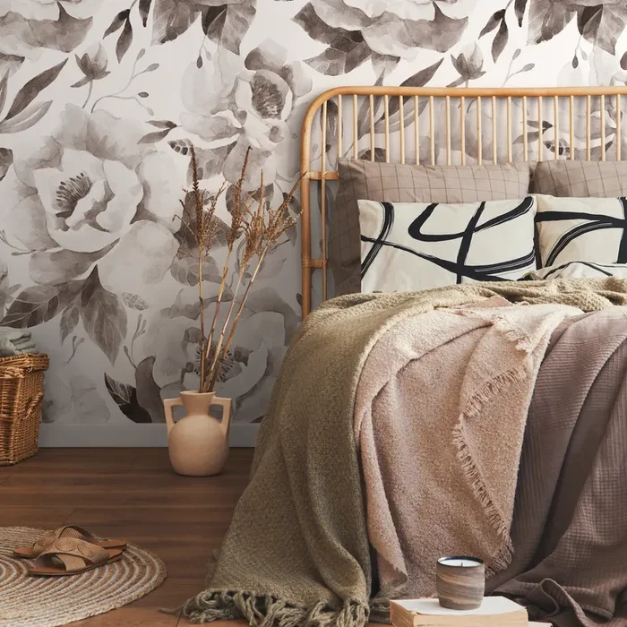 Floral Wallpaper With A Watercolor Peony Motif In Tan And Brown – C960