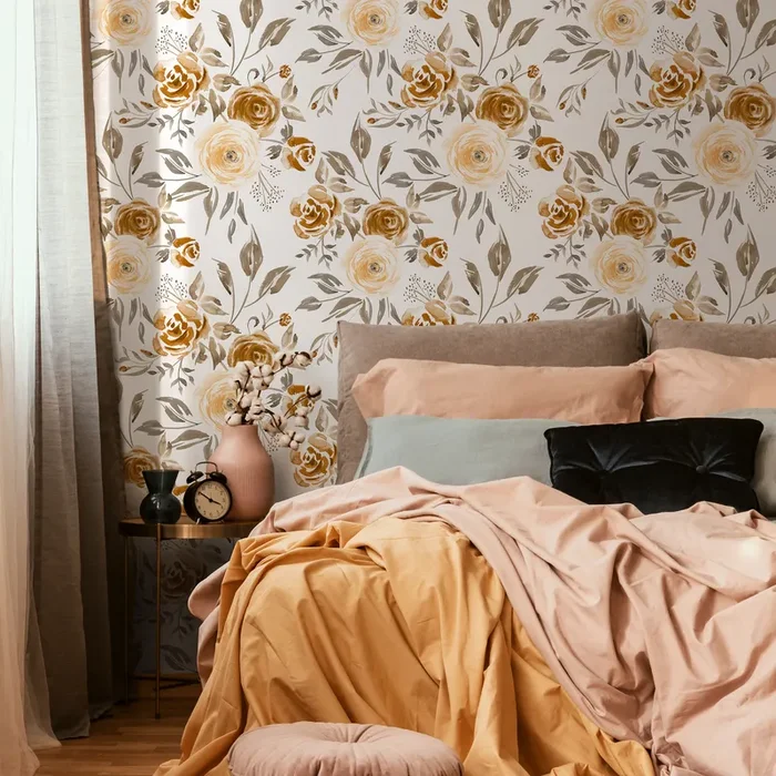 Floral Wallpaper With A Watercolor Rose Motif In Yellow, Gold, And Gray – C615