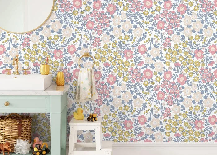 Floral Wallpaper With A Whimsical Garden Motif In Pink, Yellow, And Blue – D002