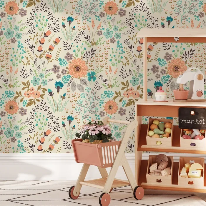 Floral Wallpaper With A Whimsical Meadow Motif In Coral, Teal, And Purple – B580