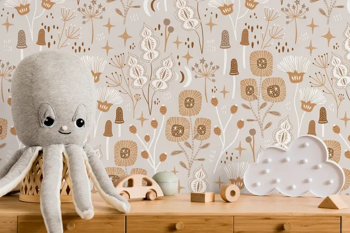Floral Wallpaper With A Whimsical Woodland Motif In Brown, Tan, And White – D394