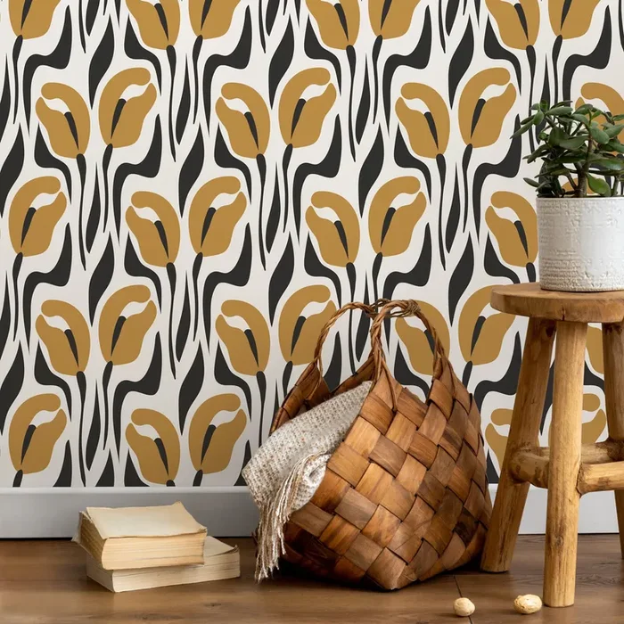 Floral Wallpaper With Abstract Tulips In Mustard Yellow And Black – D654