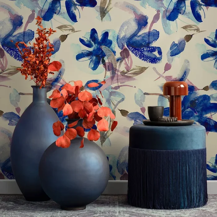Floral Wallpaper With An Abstract Watercolor Style In Blue And Purple – A046