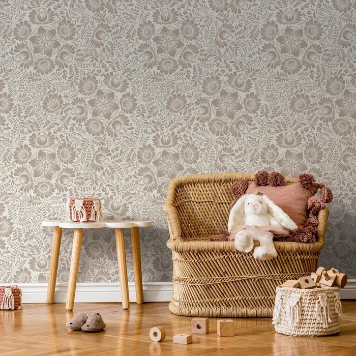 Floral Wallpaper With An Intricate Folk Art Motif In Taupe – D069
