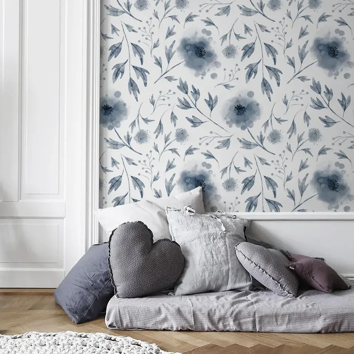 Floral Wallpaper With Delicate Watercolor Poppies In Blue And Black – X125