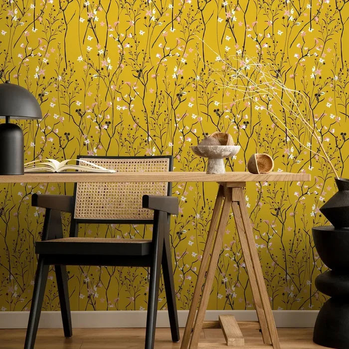 Floral Wallpaper With Delicate Wildflowers In Yellow, Pink, And Black – A565