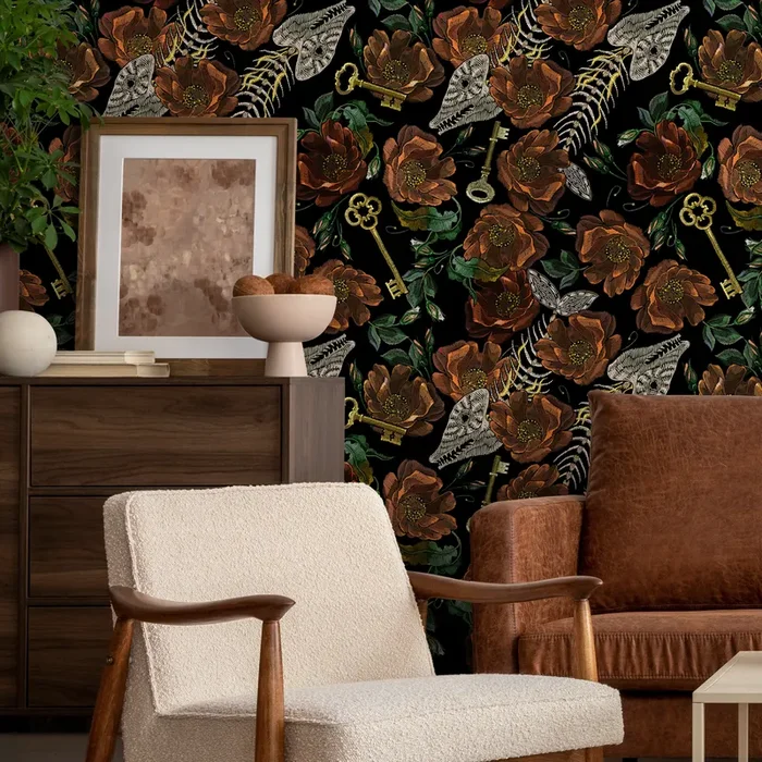 Floral Wallpaper With Gothic Fish Skeletons And Keys In Burnt Orange And Gold – D919