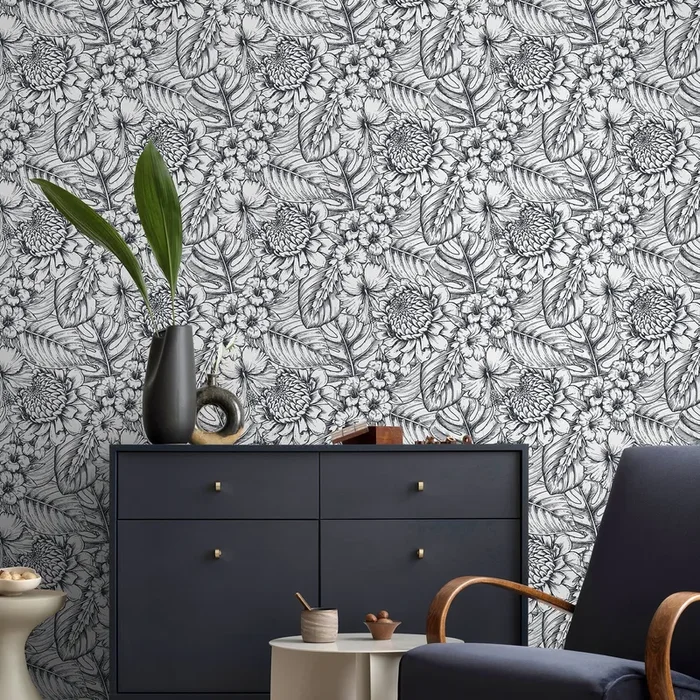 Floral Wallpaper With Hand-drawn Tropical Flowers In Black And White – A462