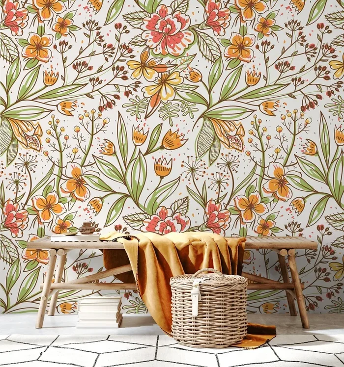 Floral Wallpaper With Hand-drawn Wildflowers In Orange, Red, And Green – D141