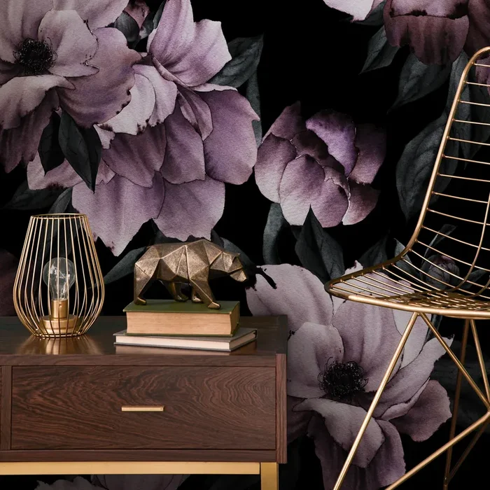 Floral Wallpaper With Large Moody Peonies In Purple And Black – B197