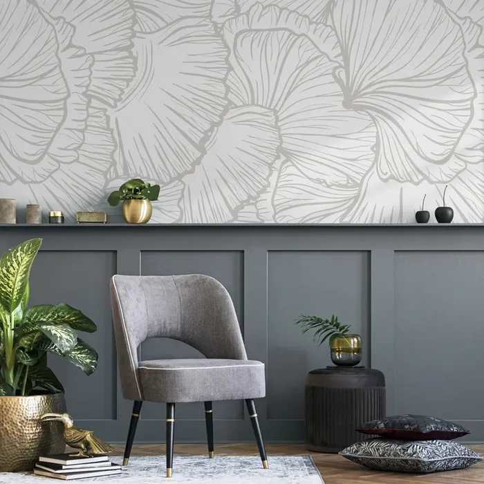 Floral Wallpaper With Overlapping Line Art Petals In Light Gray – C228