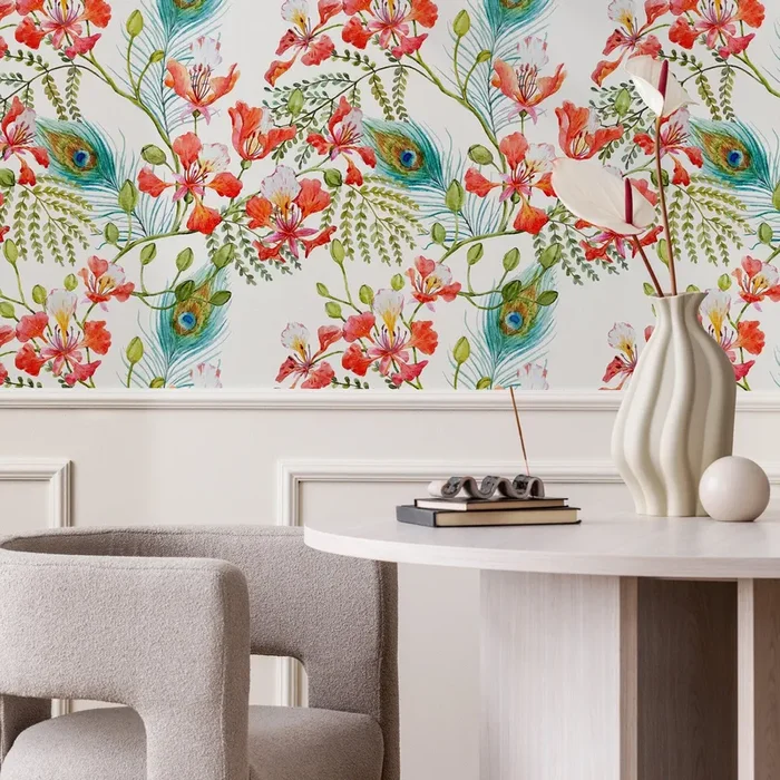 Floral Wallpaper With Peacock Feathers And Blooms In Red, Teal, And Green – A269