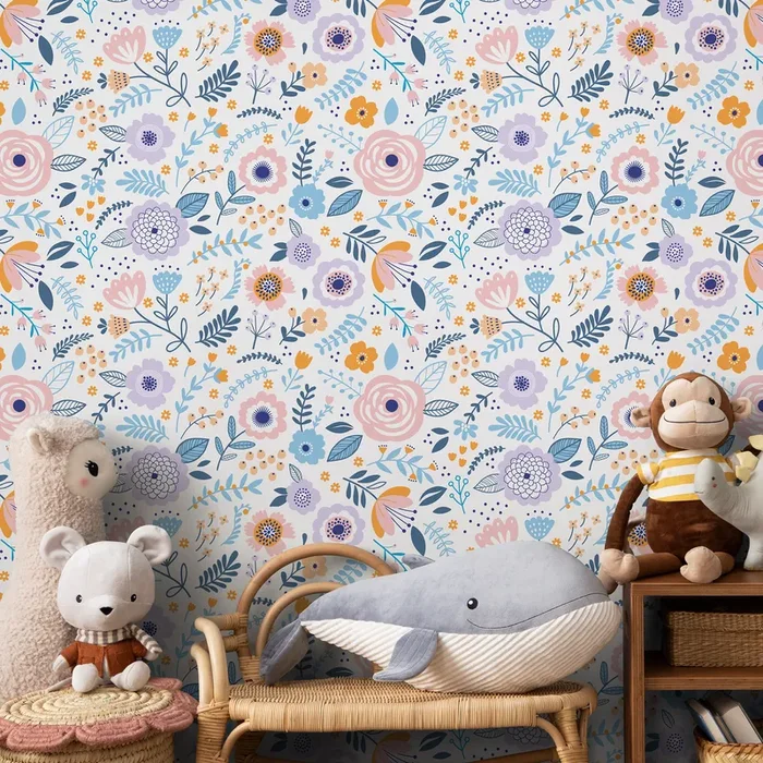 Floral Wallpaper With Stylized Blooms In Pink, Blue, And Purple – D933