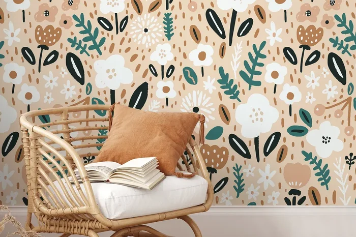 Floral Wallpaper With Stylized Blooms In Teal, Brown, And White – D391