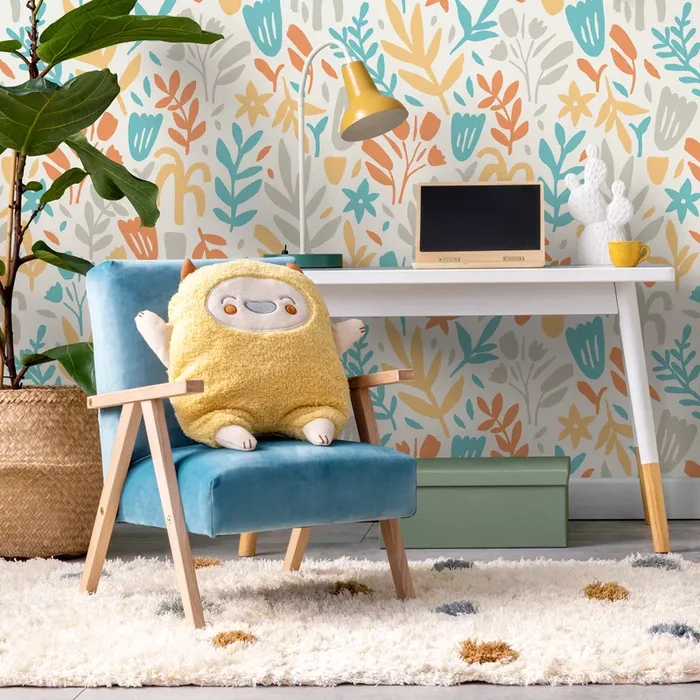 Floral Wallpaper With Stylized Flowers In Teal, Orange, And Yellow – D369