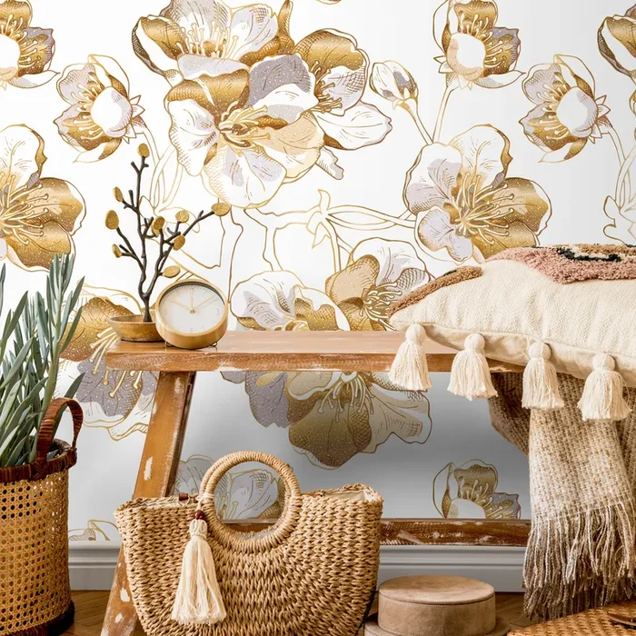 Floral Wallpaper With Stylized Gold Line Flowers In Gold And Gray – A979