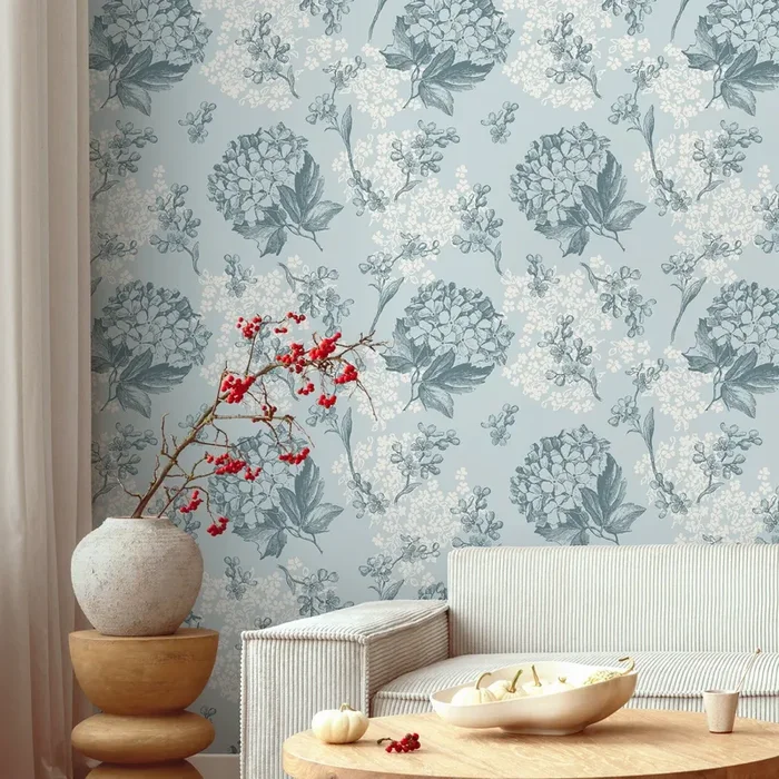 Floral Wallpaper With Vintage Hydrangeas In Blue, Slate Blue, And Cream – A631
