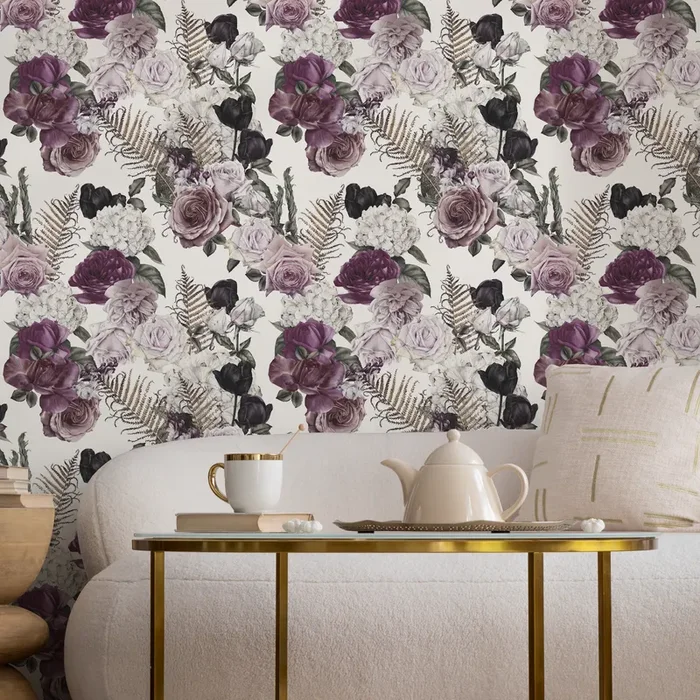 Floral Wallpaper With Vintage Roses And Ferns In Purple, Black, And White – C792