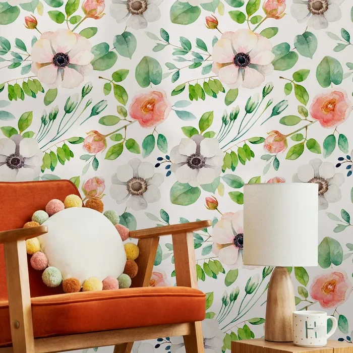 Floral Wallpaper With Watercolor Anemones In Pink And Green – B350