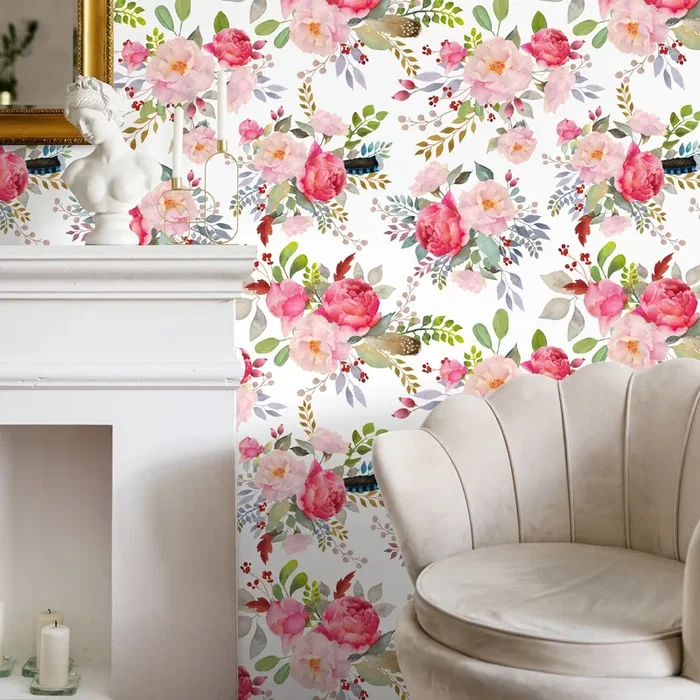 Floral Wallpaper With Watercolor Peonies In Pink, Red, And Green – A184