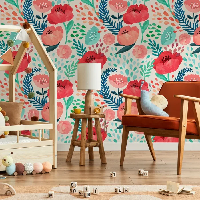 Floral Wallpaper With Watercolor Poppies And Leaves In Red, Pink, And Blue – A187