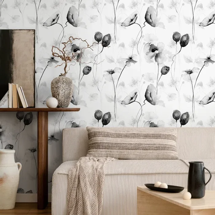 Floral Wallpaper With Watercolor Poppies In Black And White – A383