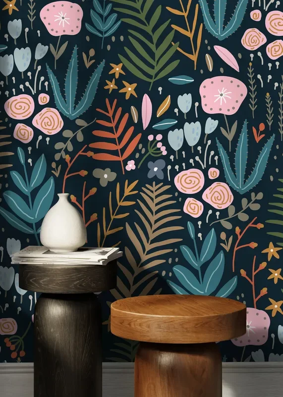 Floral Wallpaper With Whimsical Wildflowers In Pink, Teal, And Orange – D117