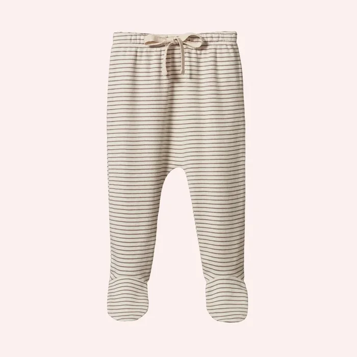 Footed Rompers – Mushroom Pinstripe