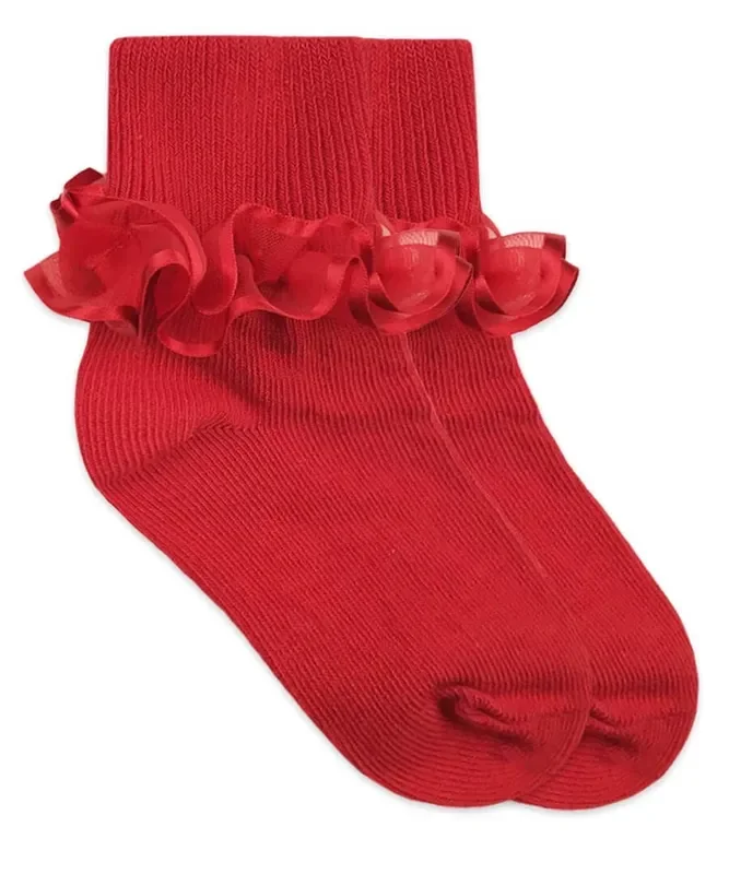 Frilly Ruffle Lace Turn Cuff Socks 1 Pair – Red