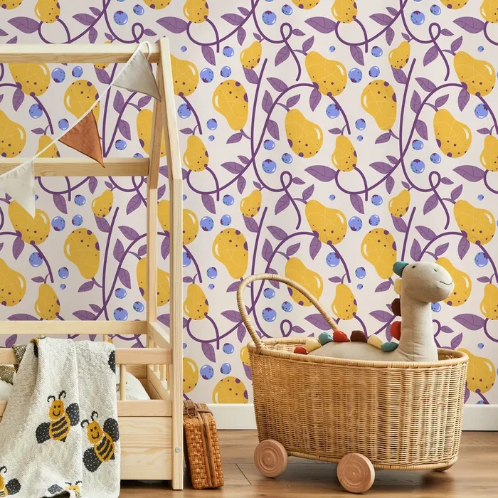 Fruit Wallpaper With Pear And Berry Vines In Yellow, Purple, And Blue – B571