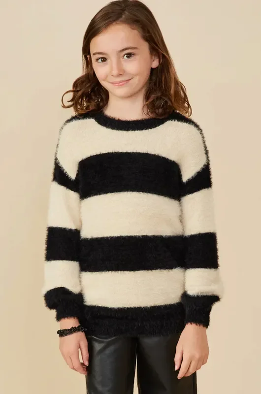 Fuzzy Striped Pullover Sweater | Ivory and Black